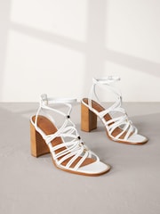 White Signature Leather Hardware Detail Block Heel Sandals - Image 5 of 10