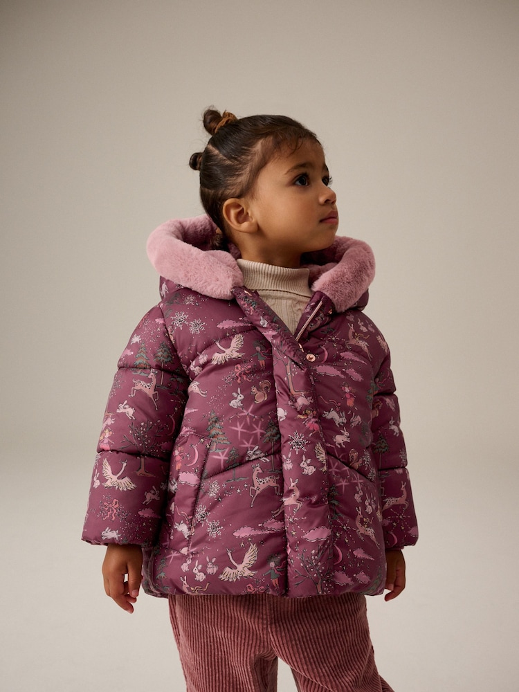 Berry Red - Impermeabil Faux Fur Lined Cu glugă Paltoane căptușite (3luni-7ani) - Imaginea 1 din 10