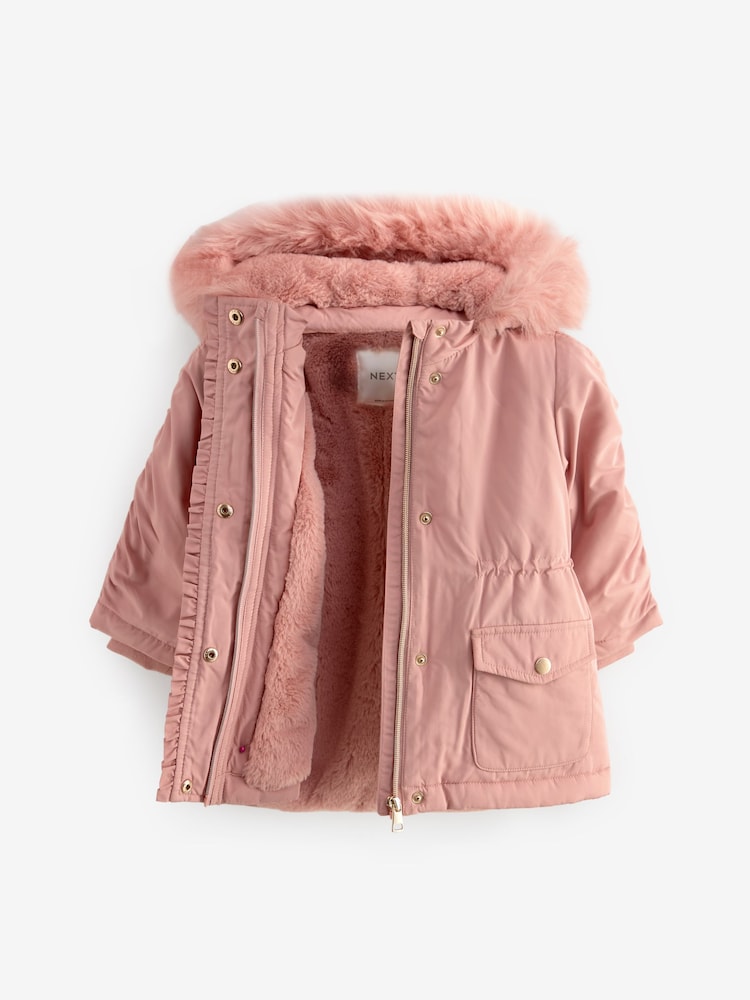 With Fur Pink Hooded Parka Coat Buy Pink Shower Resistant Frill