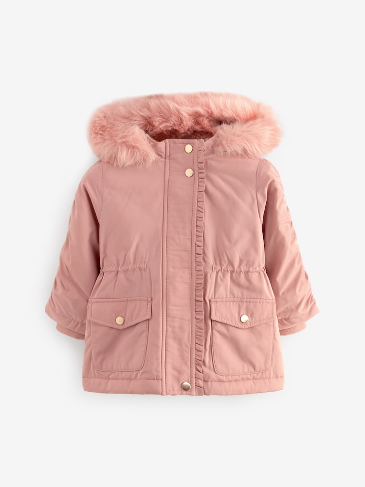 Buy Pink Shower Resistant Frill Pocket Parka Coat (3mths-7yrs