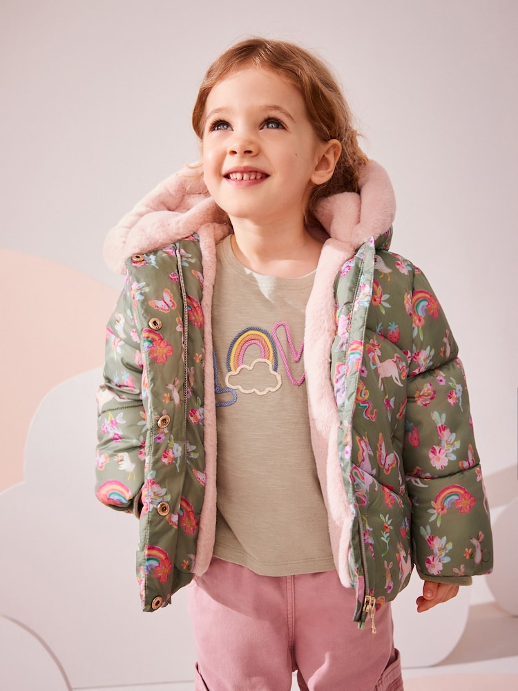 Khaki Unicorn Shower Resistant Faux Fur Lined Hooded Padded Coat (3mths-7yrs) - Image 1 of 12