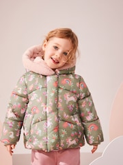 Khaki Unicorn Shower Resistant Faux Fur Lined Hooded Padded Coat (3mths-7yrs) - Image 2 of 12