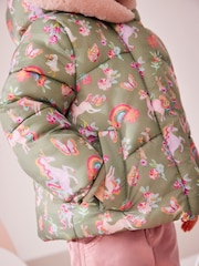 Khaki Unicorn Shower Resistant Faux Fur Lined Hooded Padded Coat (3mths-7yrs) - Image 6 of 12