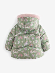 Khaki Unicorn Shower Resistant Faux Fur Lined Hooded Padded Coat (3mths-7yrs) - Image 9 of 12