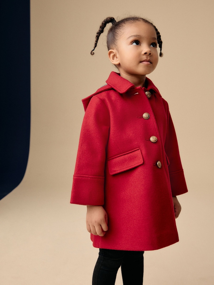 Red Single Breasted Hooded Coat with Wool (3mths-10yrs) - Image 1 of 8