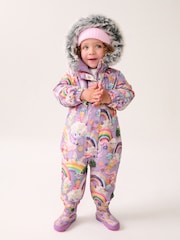 Purple Unicorn Waterproof Faux Fur Trim Printed Snowsuit (3mths-7yrs) - Image 2 of 11