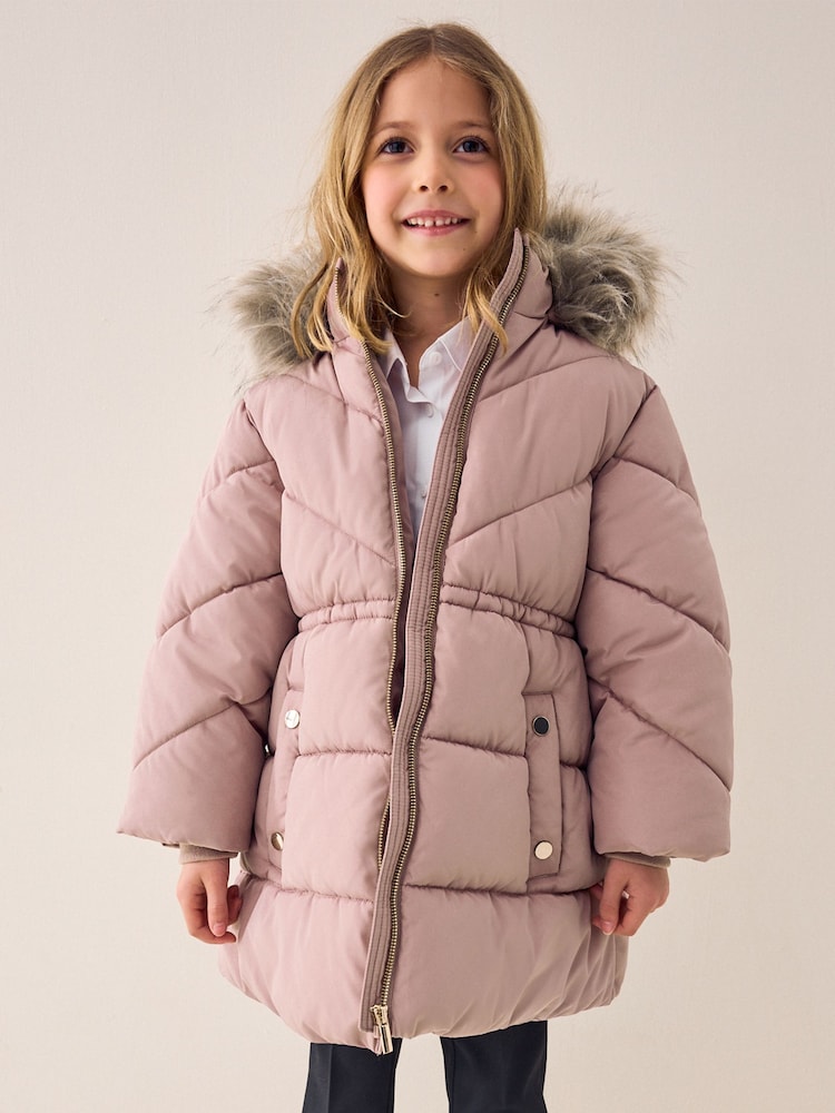 Toffee Pink Shower Resistant Faux Fur Trim Padded Coat (3-16yrs) - Image 1 of 7