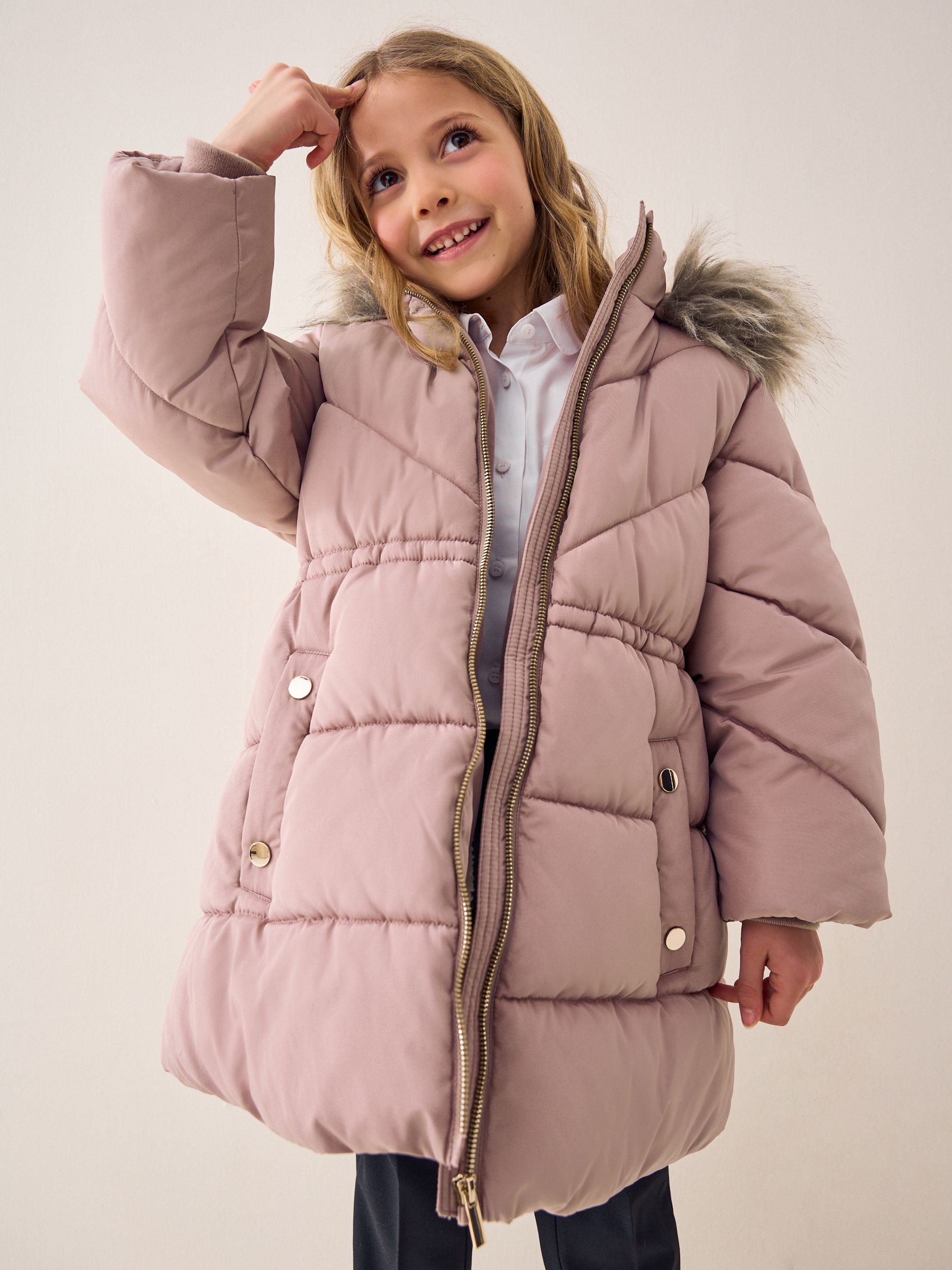 Buy Toffee Pink Shower Resistant Faux Fur Trim Padded Coat (3