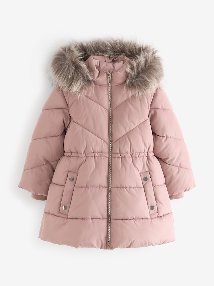 Toffee Pink Shower Resistant Faux Fur Trim Padded Coat (3-16yrs) - Image 8 of 11
