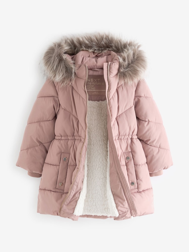 Toffee Pink Shower Resistant Faux Fur Trim Padded Coat (3-16yrs) - Image 9 of 11
