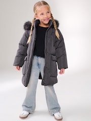 Charcoal Grey Shower Resistant Faux Fur Trim Padded Coat (3-16yrs) - Image 1 of 13