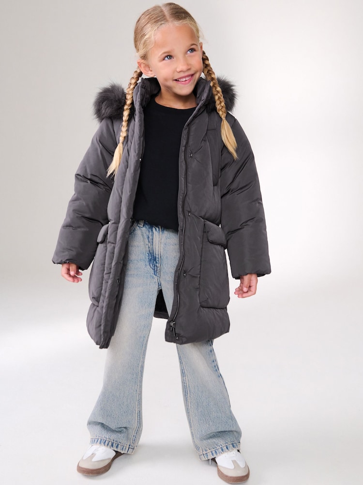 Charcoal Grey Shower Resistant Faux Fur Trim Padded Coat (3-16yrs) - Image 1 of 13
