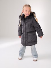 Charcoal Grey Shower Resistant Faux Fur Trim Padded Coat (3-16yrs) - Image 3 of 13
