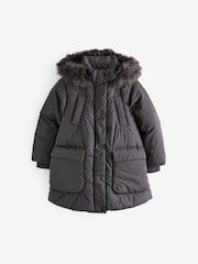 Charcoal Grey Shower Resistant Faux Fur Trim Padded Coat (3-16yrs) - Image 5 of 13
