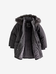 Charcoal Grey Shower Resistant Faux Fur Trim Padded Coat (3-16yrs) - Image 7 of 13