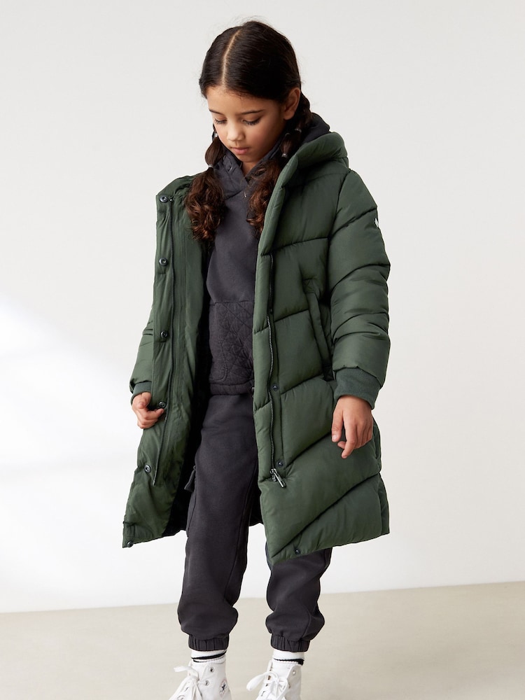 Khaki Green Longer Length Shower Resistant Faux Fur Lined Hooded Padded Coat (3-16yrs) - Image 1 of 10