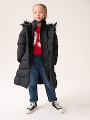 Black Shower Resistant Faux Fur Trim Double Layer Padded Coat (3-16yrs) - Image 1 of 10