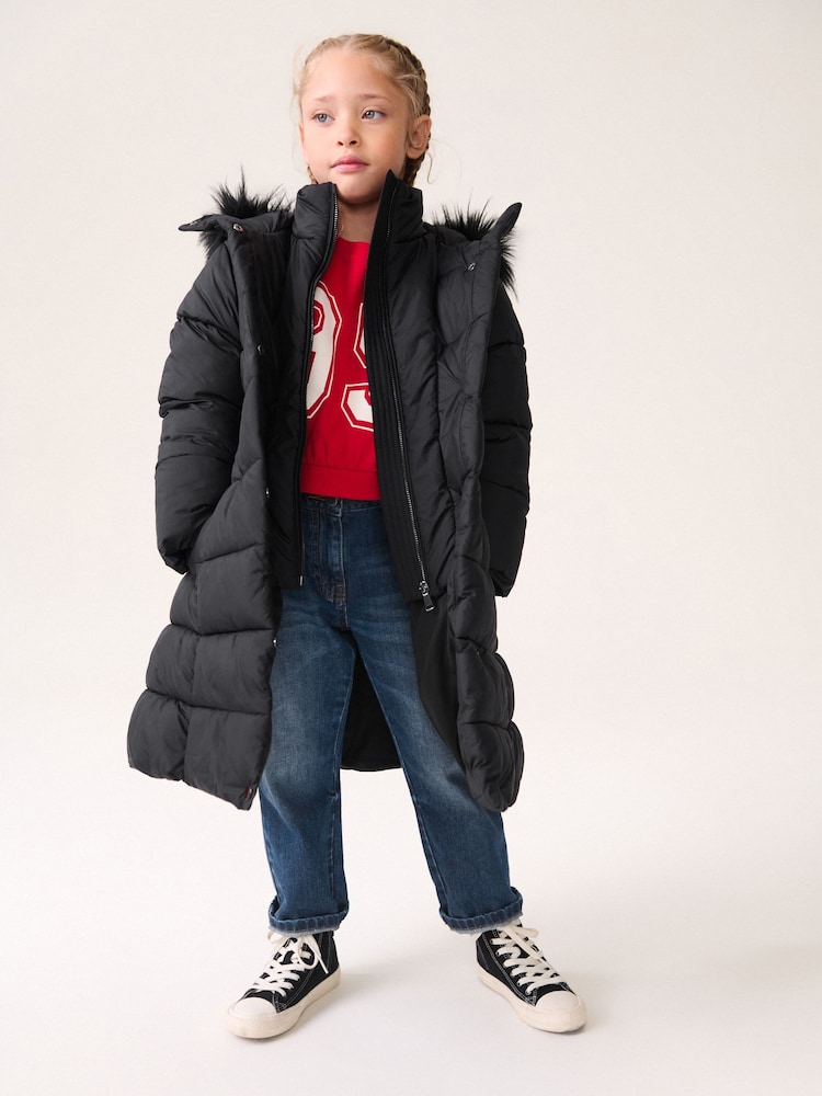 Black Shower Resistant Faux Fur Trim Double Layer Padded Coat (3-16yrs) - Image 1 of 10