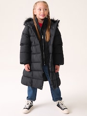 Black Shower Resistant Faux Fur Trim Double Layer Padded Coat (3-16yrs) - Image 2 of 10