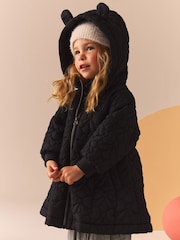 Black Bow Hooded Shower Resistant Lined Quilted Coat (3mths-7yrs) - Image 2 of 9