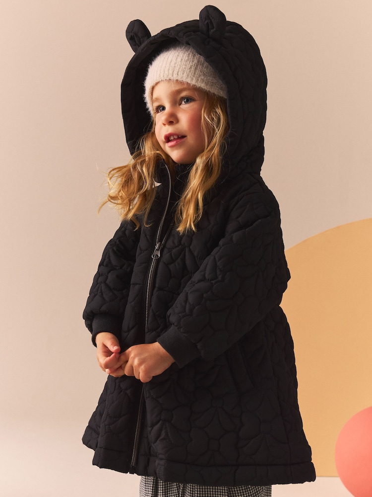 Black Bow Hooded Shower Resistant Lined Quilted Coat (3mths-7yrs) - Image 2 of 9