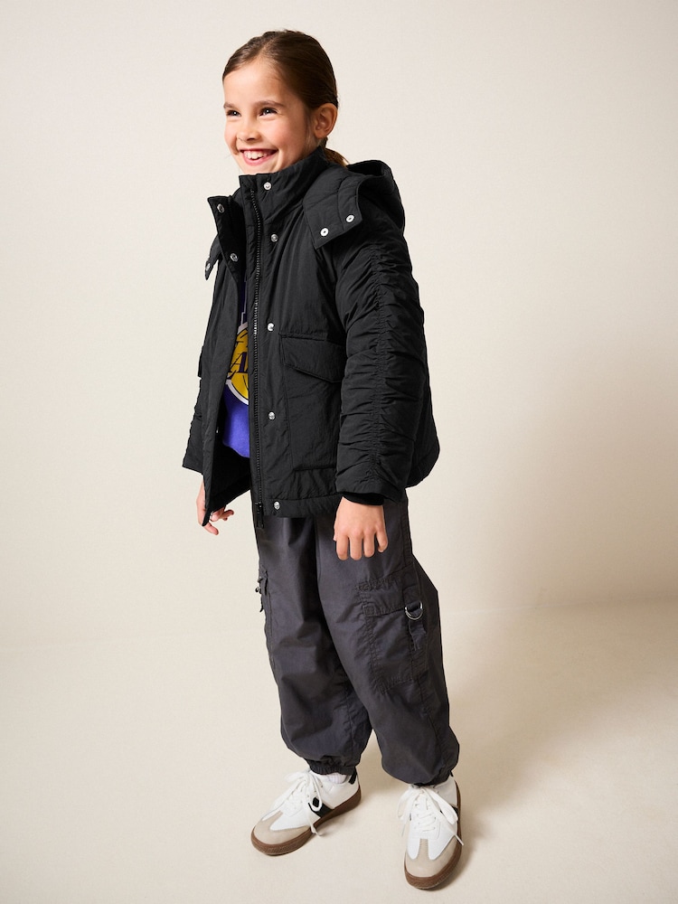 Black Shower Resistant Rouched Sleeve Coat (6-14yrs) - Image 1 of 10