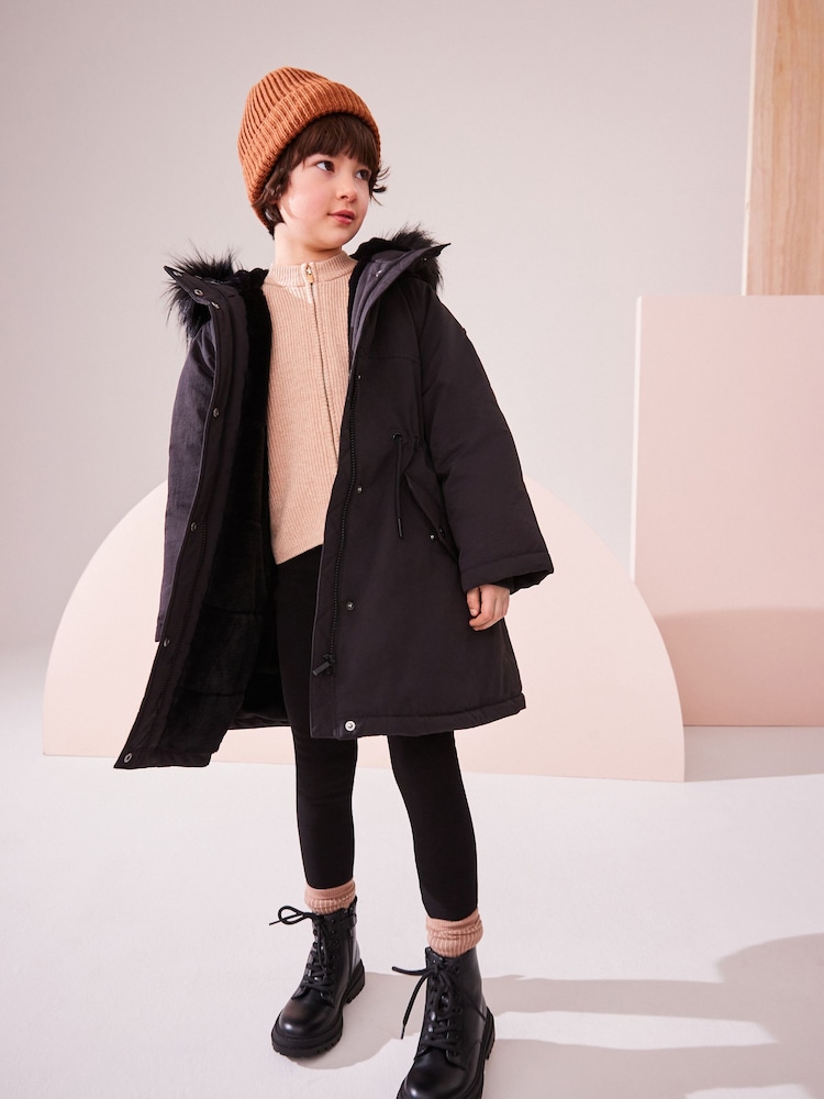 Black Shower Resistant Faux Fur Trim Parka (3-16yrs) - Image 1 of 13