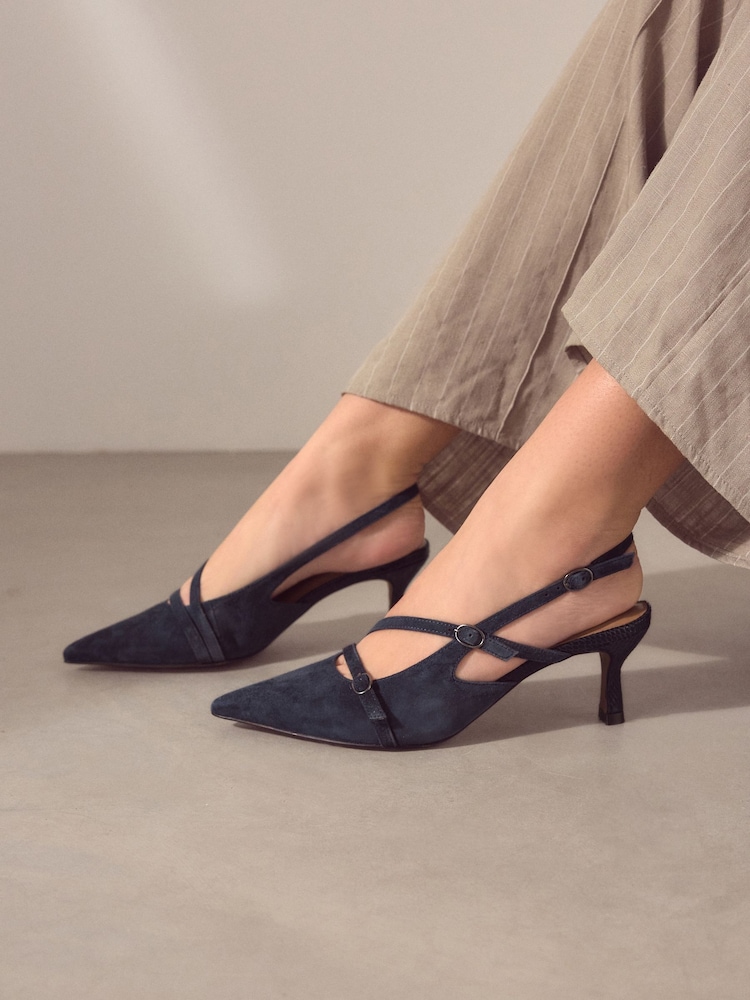 Navy Forever Comfort® Leather Multi Buckle Slingback Heels - Image 1 of 1