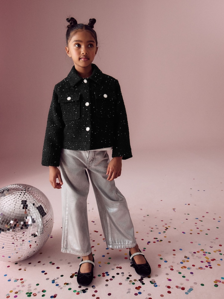 Black Crop Sparkle Coat with Wool (3-16yrs) - Image 2 of 8