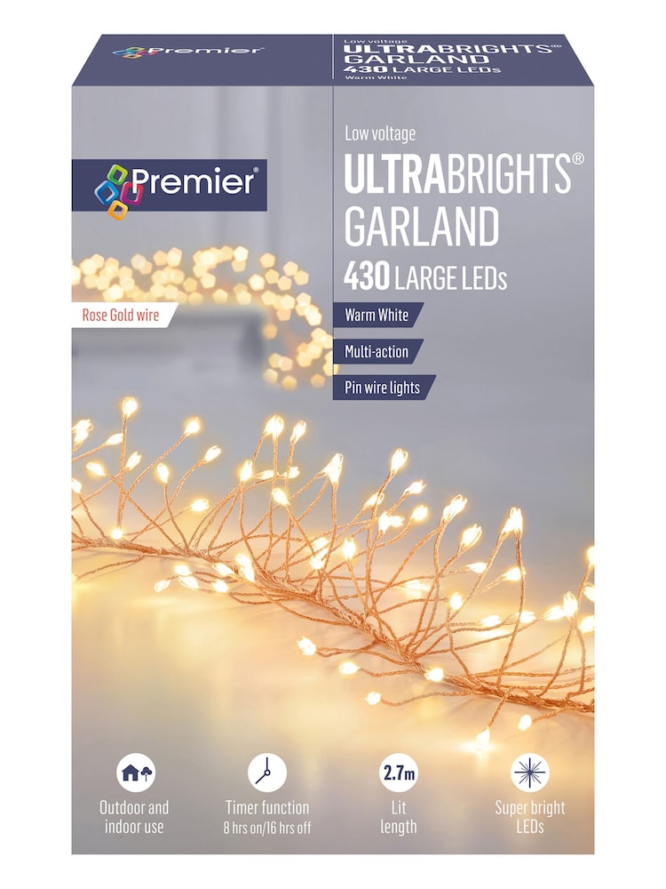 Premier Decorations Ltd White Warm 430 Garland Warm White Timer LED Christmas Lights - Image 2 of 3