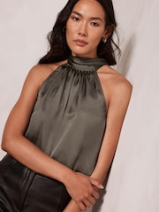 Mint Velvet Green Satin Halter Green Top - Image 1 of 4