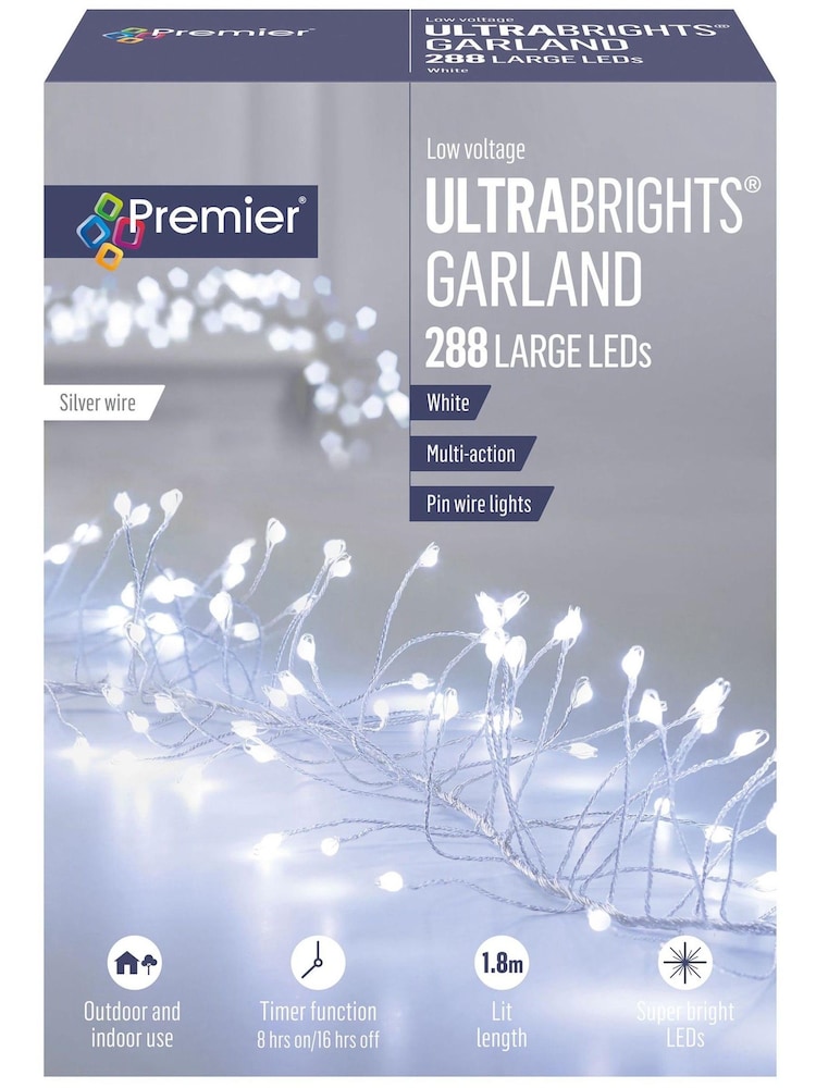 Premier Decorations Ltd White Brite 288 LEDs Wire Lit UltraBright Garland Christmas Lights with Timer - Image 2 of 3 Premier Decorations Ltd White Brite 288 LEDs Wire Lit UltraBright Garland Christmas Lights with Timer - Image 2 of 3