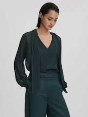 Reiss Green Lula Semi Sheer Satin Tie Neck Blouse - Image 1 of 7