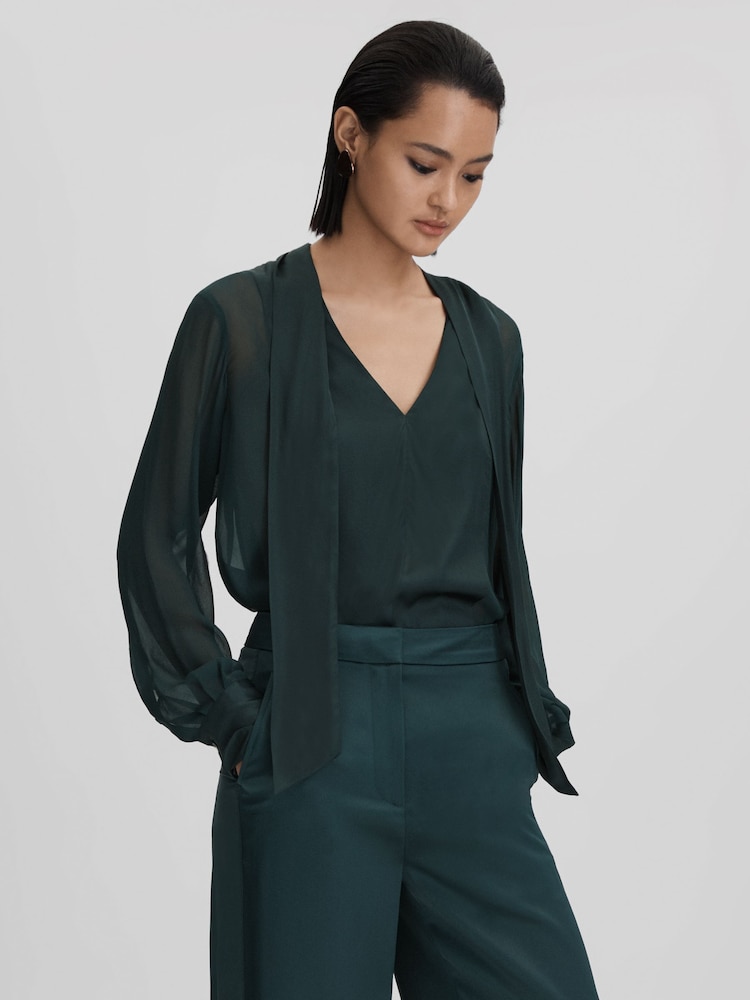 Reiss Green Lula Semi Sheer Satin Tie Neck Blouse - Image 1 of 7