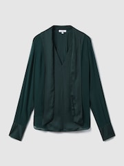 Reiss Green Lula Semi Sheer Satin Tie Neck Blouse - Image 2 of 7