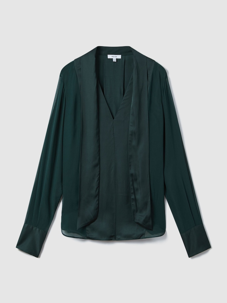 Reiss Green Lula Semi Sheer Satin Tie Neck Blouse - Image 2 of 7