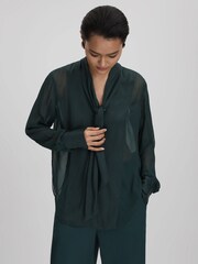 Reiss Green Lula Semi Sheer Satin Tie Neck Blouse - Image 4 of 7