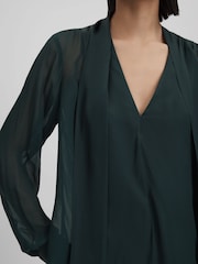 Reiss Green Lula Semi Sheer Satin Tie Neck Blouse - Image 5 of 7