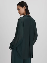 Reiss Green Lula Semi Sheer Satin Tie Neck Blouse - Image 6 of 7