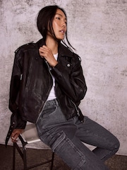 Mint Velvet Brown Distressed Biker Jacket - Image 1 of 4