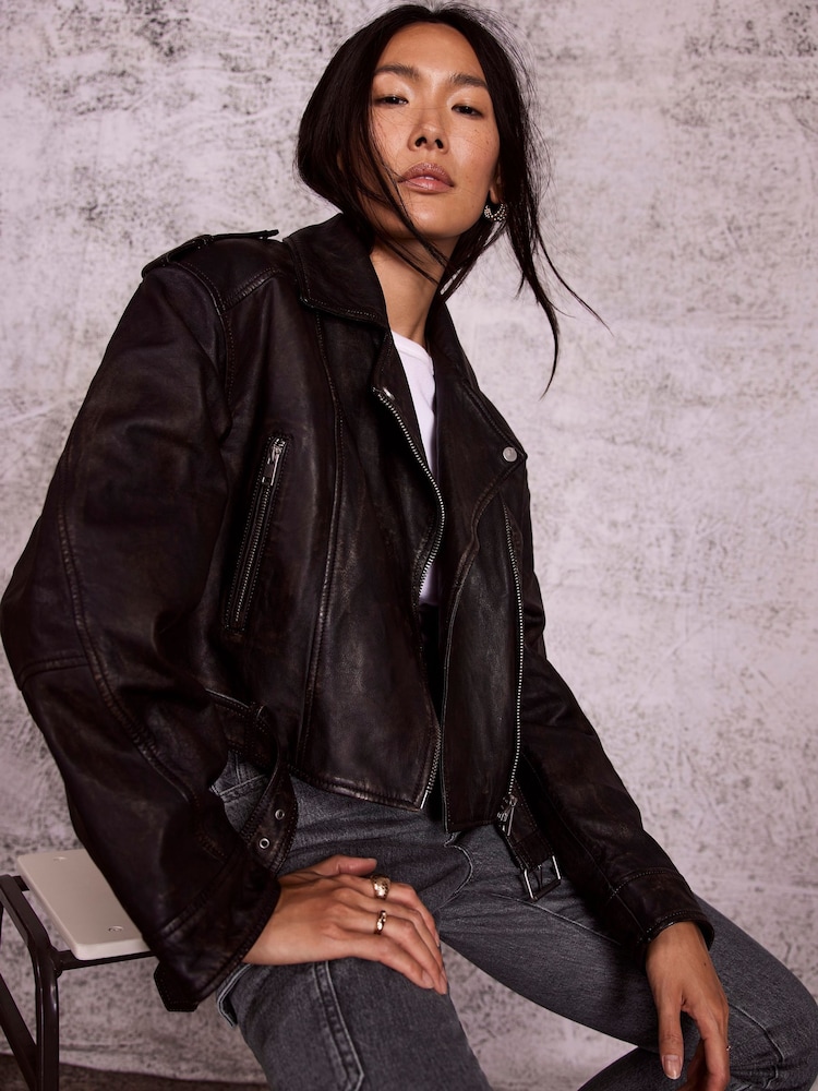 Mint Velvet Brown Distressed Biker Jacket - Image 2 of 4 Mint Velvet Brown Distressed Biker Jacket - Image 2 of 4