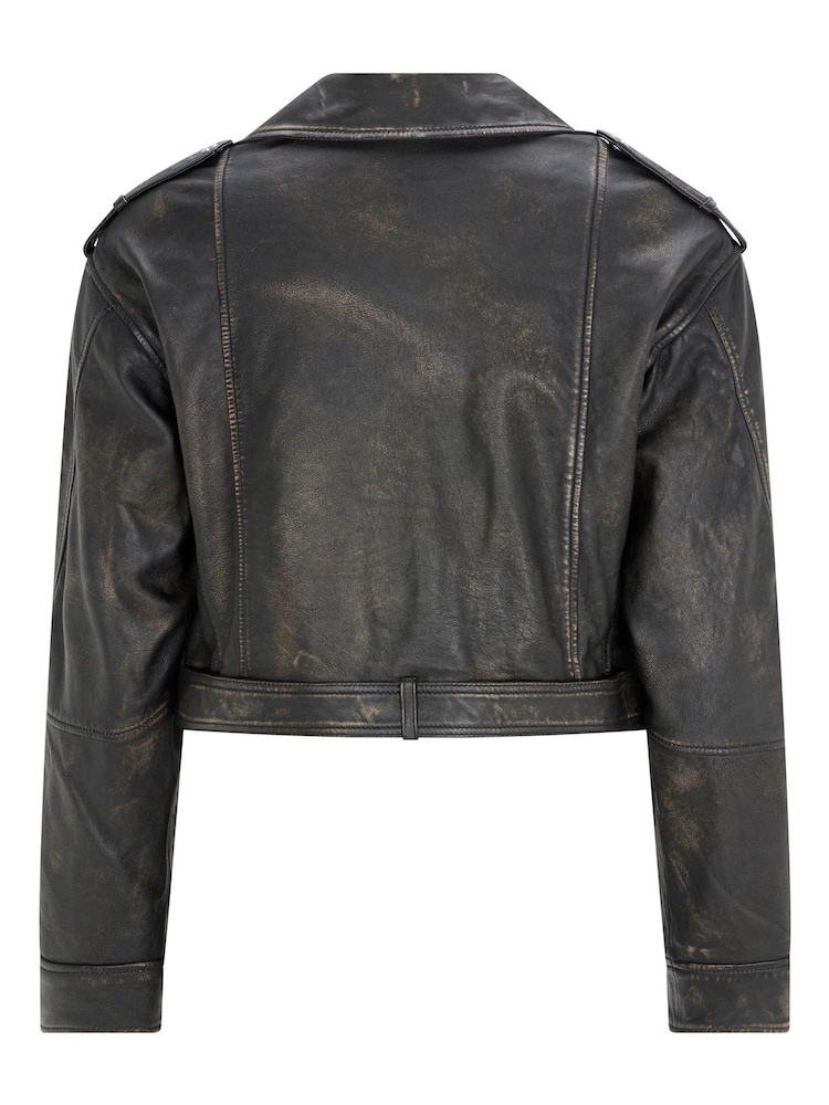 Mint Velvet Brown Distressed Biker Jacket - Image 4 of 4