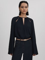 Reiss Navy Gracie Cut-Out Flute Sleeve Blouse - Image 1 of 6