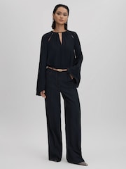 Reiss Navy Gracie Cut-Out Flute Sleeve Blouse - Image 3 of 6