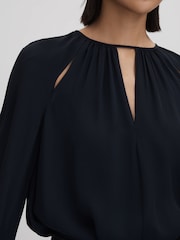 Reiss Navy Gracie Cut-Out Flute Sleeve Blouse - Image 4 of 6