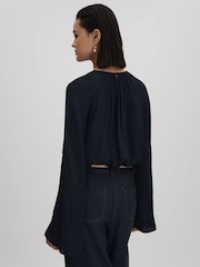 Reiss Navy Gracie Cut-Out Flute Sleeve Blouse - Image 5 of 6