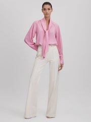Reiss Pink Ella Tie Neck Zip Front Blouse - Image 1 of 6