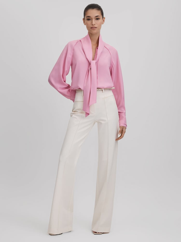 Reiss Pink Ella Tie Neck Zip Front Blouse - Image 1 of 6