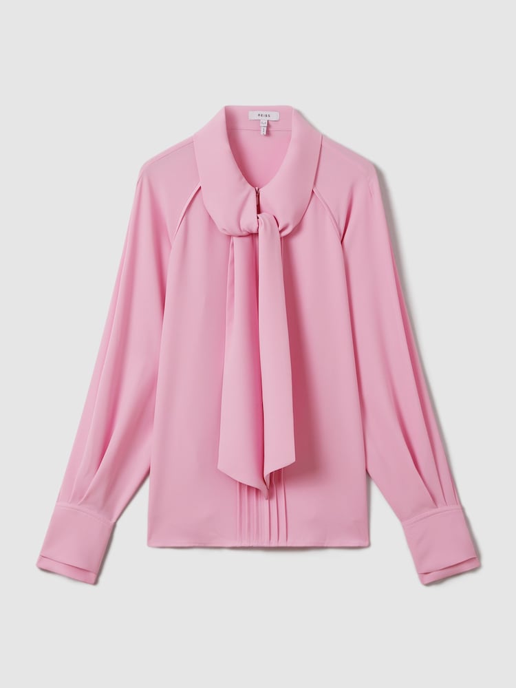 Reiss Pink Ella Tie Neck Zip Front Blouse - Image 2 of 6