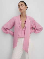 Reiss Pink Ella Tie Neck Zip Front Blouse - Image 3 of 6
